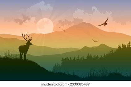 Vector mountain landscape with a deer and a flying bird