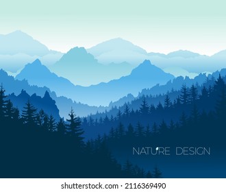 Vector mountain landscape with forest. Banner with mountain composition with trees, for wall art print, minimal interior design, social media, modern poster. Isolated on white background.