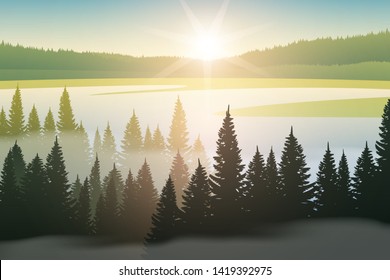 Vector mountain landscape with forest at sunrise. Mountain valley with river. 