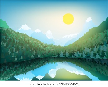 Vector mountain landscape. Green forest peaks and valleys, snowy rocks and beautiful reflection in a big wild lake. 