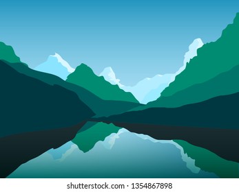 Vector mountain landscape. Green peaks and valleys, snowy rocks and beautiful reflection in a big wild lake. 