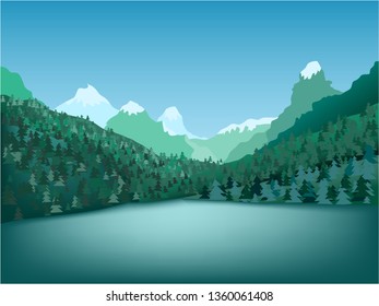 Vector mountain landscape. Green peaks and valleys, snowy rocks and beautiful reflection in a big wild lake. 