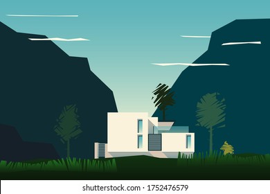 vector mountain landscape with a house
