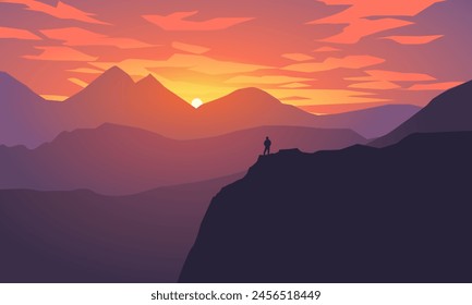 Vector mountain landscape with a man standing on the top of the hill