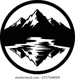 Vector Mountain landscape mirroring in water inside a circle silhouette illustration