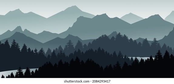 vector mountain landscape nature background and rivers lake. travel adventure vector illustration