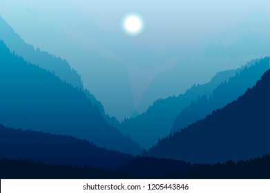 vector mountain landscape , nature illustration in cold blue colors