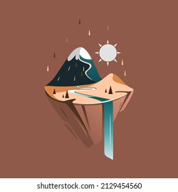 Vector mountain landscape with a mountain on a piece of land, a river, a waterfall and a desert area.