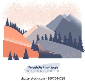 Vector mountain landscape. Panorama of mountain peaks, silhouettes of pine trees, coniferous forest.