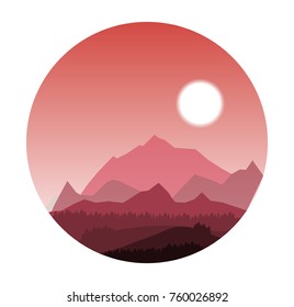 vector mountain landscape, peaks silhouettes, pine forest and red sky. nature illustration in circle frame 