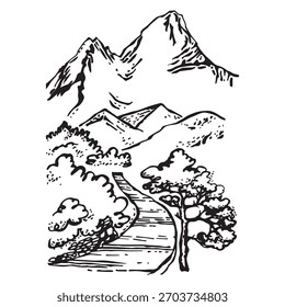 Vetor paisagem de montanha com uma estrada que conduz