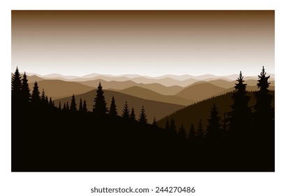 Vector mountain landscape. Sepia. Sunset.