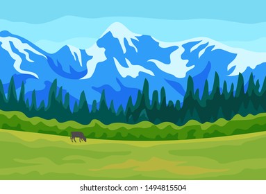 Vector mountain landscape silhouette of grazing cow on alp meadow
