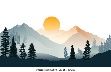 Paisaje montañoso de Vector con siluetas de un bosque de coníferas. Panorama pintoresco con picos en la neblina de la mañana y un Grande sol naciente.