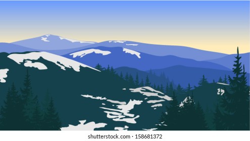 Vector Mountain landscape with silhouettes of trees and snow