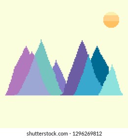 Vector mountain landscape, sun, clouds. Pixel art. 8bit. Illustration for cards, posters, banners.