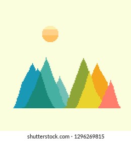 Vector mountain landscape, sun, clouds. Pixel art. 8bit. 