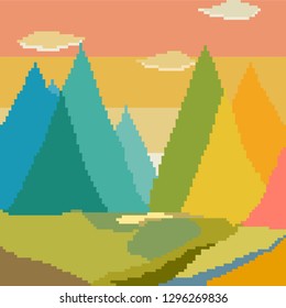Vector mountain landscape, sun, clouds. Pixel art. 8bit. 