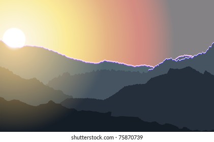 Vector mountain landscape, sunrise . Vector illustration.