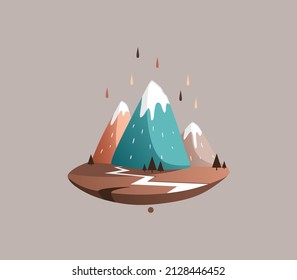Vector mountain landscape with three colorful mountains on a piece of land with a winding river.