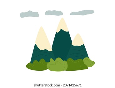 Vector mountain landscape with three mountains and forest in flat style. Hand drawn illustration
