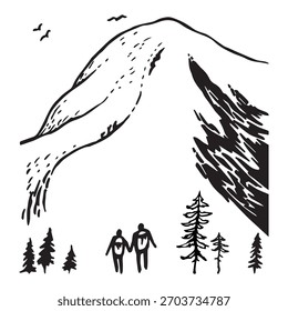 Vector mountain landscape with tourists