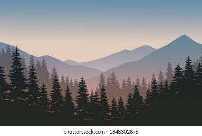 Vector mountain landscape with tree silhouette