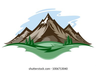 Vector mountain landscape with trees, mountains and clouds.