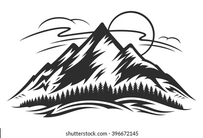 Vector mountain landscape with trees, mountains, clouds and sun