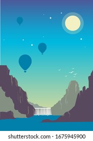 paisaje montañoso vectorial con cascada y aire de globo