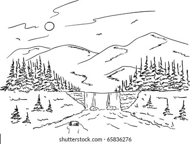 vector - mountain landscape with a waterfall on the creek