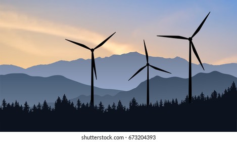 Vector mountain landscape with wind turbines towering over the forest. Silhouettes of modern windmills in natural environment as symbol of ecological renewable power. Green energy of the future
