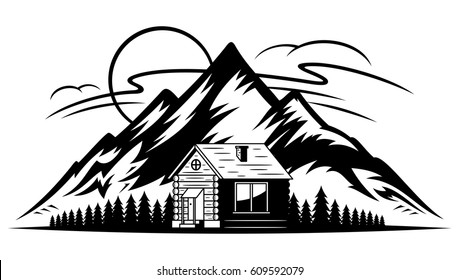 Vector mountain landscape with wooden cabin, trees, mountains, clouds and sun