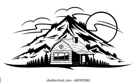 Vector mountain landscape with wooden cabin, trees, mountains, clouds and sun