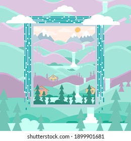 vector mountain lanscape, waterfall, cottage in the forest