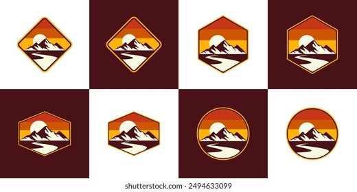 vector mountain logo, badge or patch display Three mountain peaks with one highest peak. Sunrise. and a river leading to the mountains.