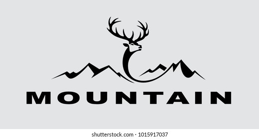 Vector mountain logo with deer illustration isolated on grey background