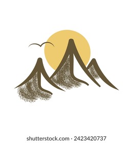 Vector mountain logo design template.Silhouette of mountain on sun background with bird.Vector mountain with texture.