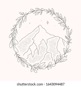 vector mountain logo with feminine style, this design can be printed on business cards, bags, clothes and for all other digital and print needs