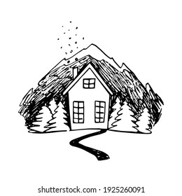 Vector mountain logo symbol graphic nature design illustration. Forest travel house concept business landscape. Adventure vintage icon company tourism hill template abstract element.