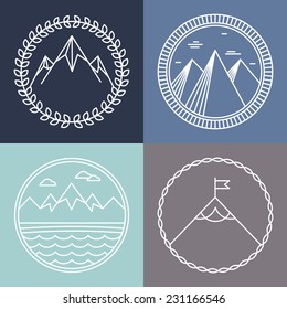 Vector Mountain Logos And Emblems In Outline Style - Abstract Design Elements And Round Badges