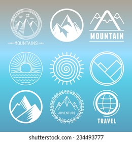 Vector mountain logos and emblems in outline style - abstract design elements and round badges