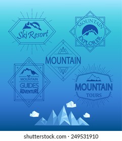 Vector mountain logos and emblems in outline style. Set of Retro Vintage Insignias and Logotypes.  Labels, Badges, Frames and Other Design Elements. 