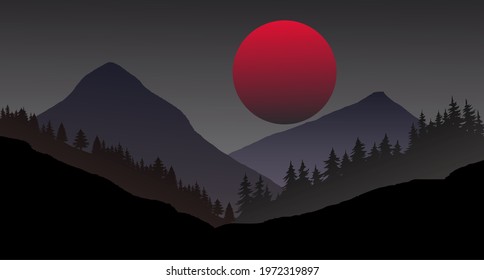 vector mountain at midnight with red moon