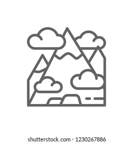 Vector mountain, mount, hill, travel, tourism line icon. Symbol and sign illustration design. Isolated on white background