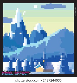 vector of mountain nature scene in 8 bit pixel style