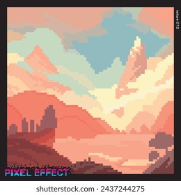 vector of mountain nature scene in 8 bit pixel style