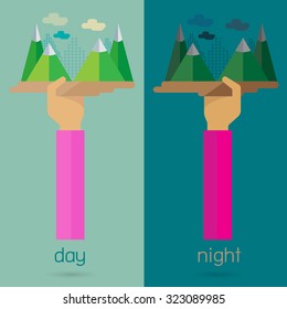 vector Mountain night day nature arm and hand