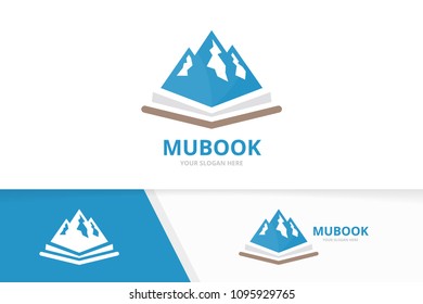 Vector mountain and open book logo combination. Nature and bookstore symbol or icon. Unique hill and library logotype design template.