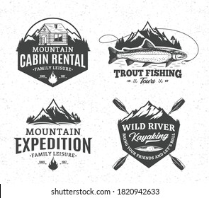 Vector mountain and outdoor active recreation and tourism badges. Mountain travel, cabin rental, kayaking and fishing illustrations
